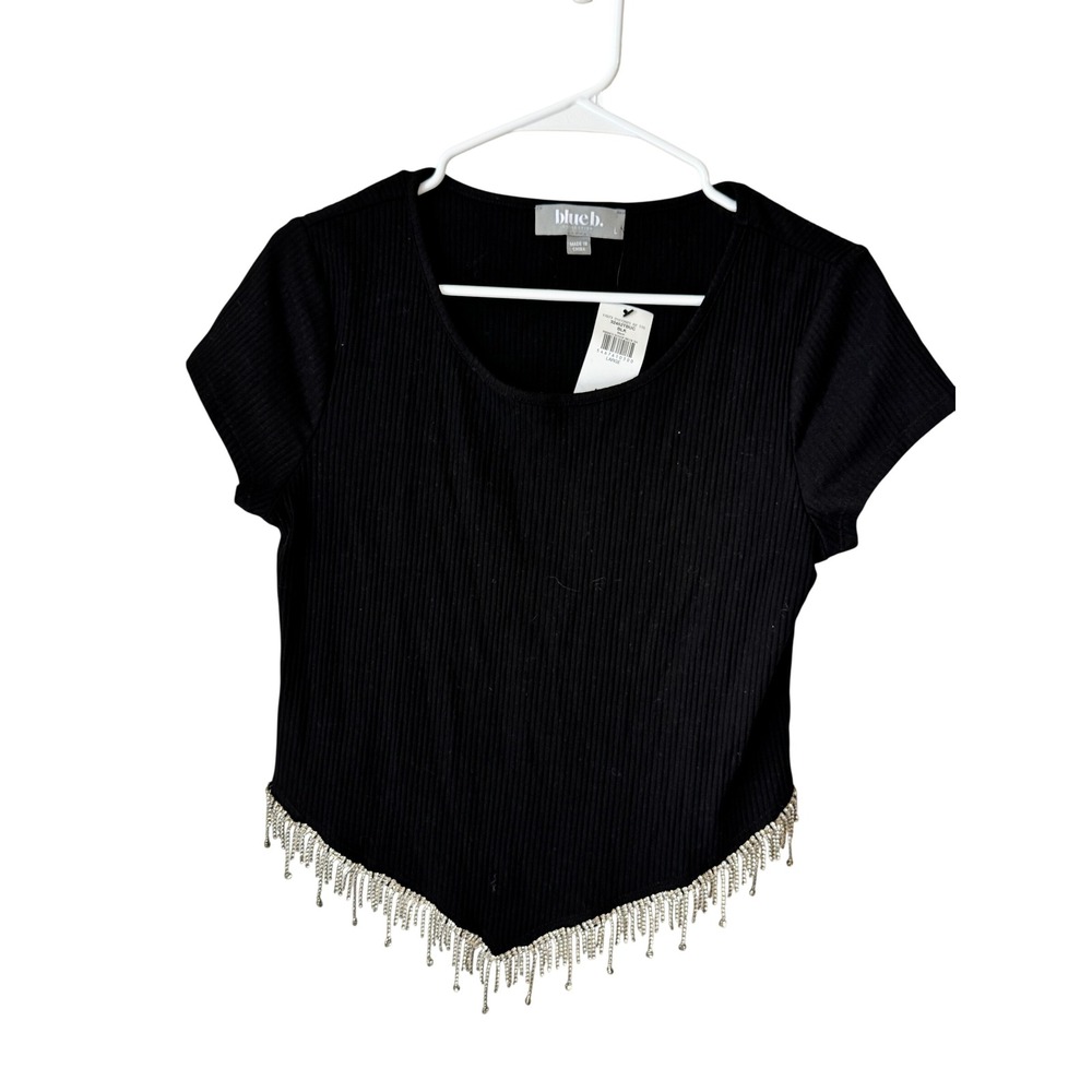 Blue B. Collection Black Ribbed Rhinestone Fringe Crop Top Pointed Hem Large